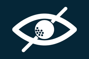 Symbol für Sehbehinderung. Auge durckreuzt. Der Augapfel hat Punkte um einen Golfball zu illustrieren.